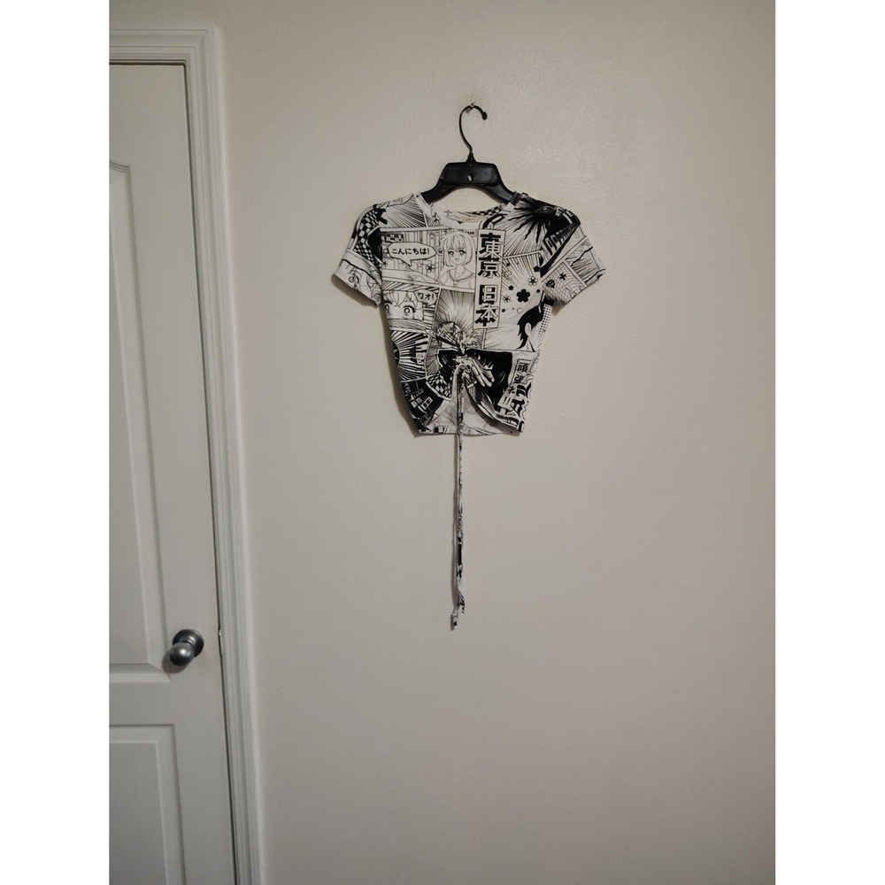Sweet Lilac Anime Manga Print Cinch Front Crop Top Black White Japanese Street